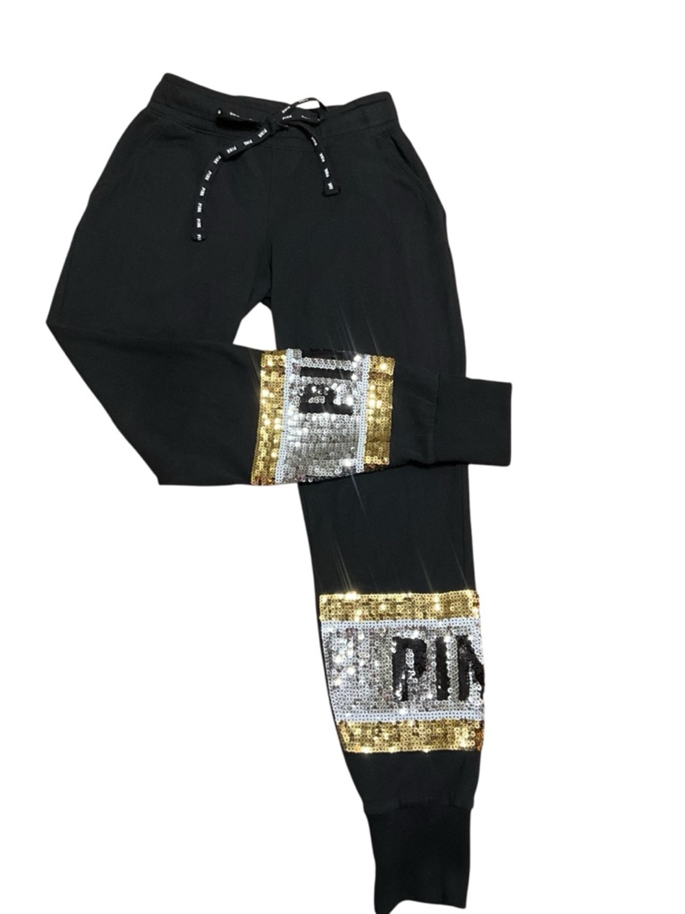 Victoria’s Secret PINK XS Black Jogger Pants Gold Silver Sequin Bling Logo